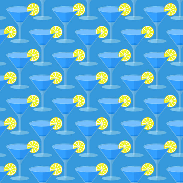 ilustrações de stock, clip art, desenhos animados e ícones de seamless flat pattern with cocktail glasses - martini cocktail christmas blue