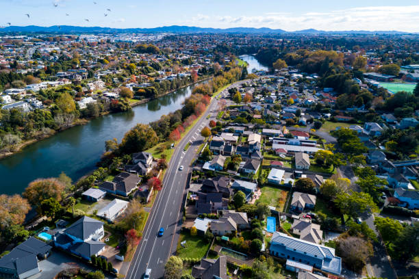 Hamilton Aerial View Aerial view from Waikato River, Hamilton, New Zealand waikato region stock pictures, royalty-free photos & images