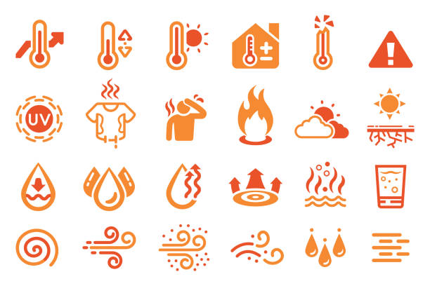 ilustraciones, imágenes clip art, dibujos animados e iconos de stock de icono de reacción de temperatura caliente. elemento de clima térmico. - calor