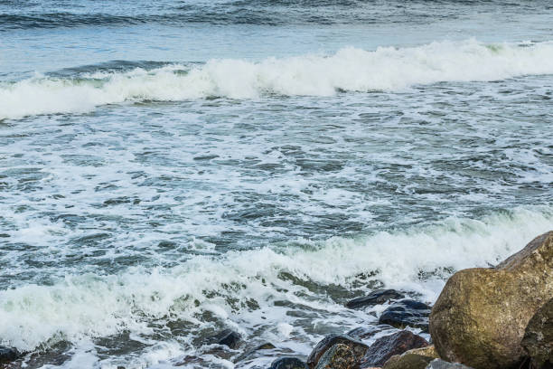 istock Empty beach, waves and dramatic sky at the Baltic sea shore line 1150012642