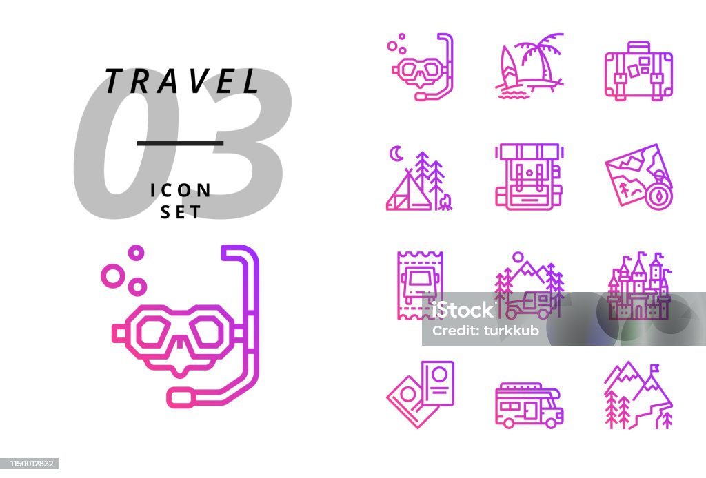 Pack icon for travel, Scuba, beach, suitcase, camping, backpack, map, bus ticket, camper, castle, passport, camper van, Ice mountain. Pack icon for travel and land mark. Airplane Ticket stock vector