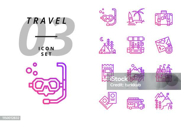 Pack Icon For Travel Scuba Beach Suitcase Camping Backpack Map Bus Ticket Camper Castle Passport Camper Van Ice Mountain Stock Illustration - Download Image Now
