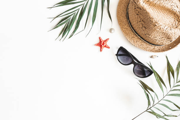 istock Summer composition. Tropical palm leaves, hat on white background. Summer concept. Flat lay, top view, copy space 1150019860