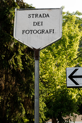 Road sign in memory of the town of Scanno in Italy, famous for photographers, where Cartier Bresson and other masters, such as Giacomelli, have been and have photographed, in their memory a street in the town