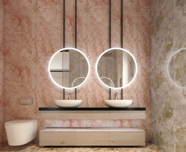 diseño interior moderno de tocador de baño, todas las paredes hechas de losas de piedra con espejos circulares, concepto minimalista y limpio, renderizado en 3d - ónix fotografías e imágenes de stock