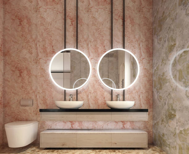 Modern interior design of bathroom vanity, all walls made of stone slabs with circle mirrors, minimalist and clean concept, 3d rendering stock photo
