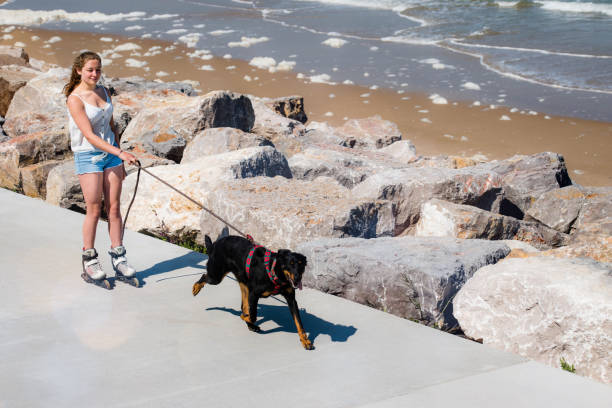 istock beautiful young woman doing roller skating with her dog 1150030672