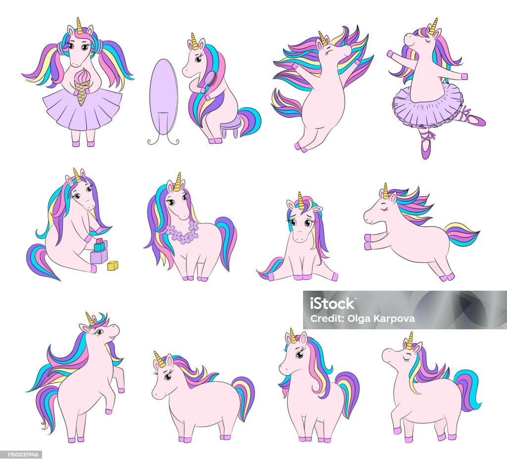 All unicorns Unicorn big set. Cartoon magic horse. Character poses. Sitting, standing, flying, dancing, playing. Eating ice-cream, brushing hair. Emotions happy, sad, cheerful, naughty, sleepy. Kids girlish print. Unicorn stock vector
