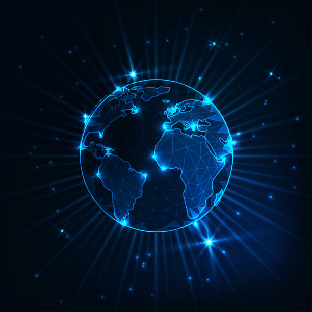 istock Futuristic glowing low polygonal planet earth globe with stars and rays on dark blue background. 1150036504