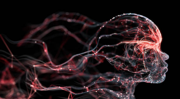 Artificial Intelligence / Neural Network / Human Face (Red) 3D rendered depiction of digital network connections shaped like a human face. Highly detailed and perfectly usable for a wide range of topics related to artificial intelligence, big data or technology in general. psyche photography stock pictures, royalty-free photos & images