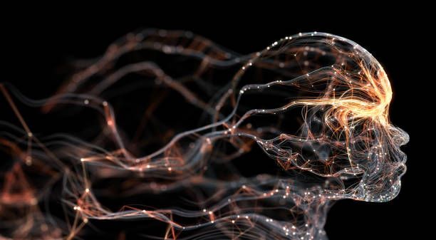 Artificial Intelligence / Neural Network / Human Face (Orange) 3D rendered depiction of digital network connections shaped like a human face. Highly detailed and perfectly usable for a wide range of topics related to artificial intelligence, big data or technology in general. psyche photography stock pictures, royalty-free photos & images