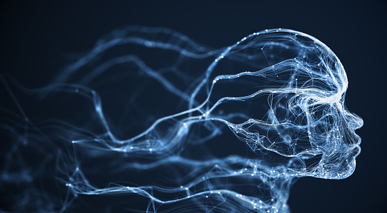 3D rendered depiction of digital network connections shaped like a human face. Highly detailed and perfectly usable for a wide range of topics related to artificial intelligence, big data or technology in general.