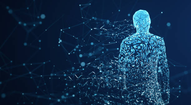 digitale avatar/künstliche intelligenz (blau, kopierraum) - cyborg fotos stock-fotos und bilder