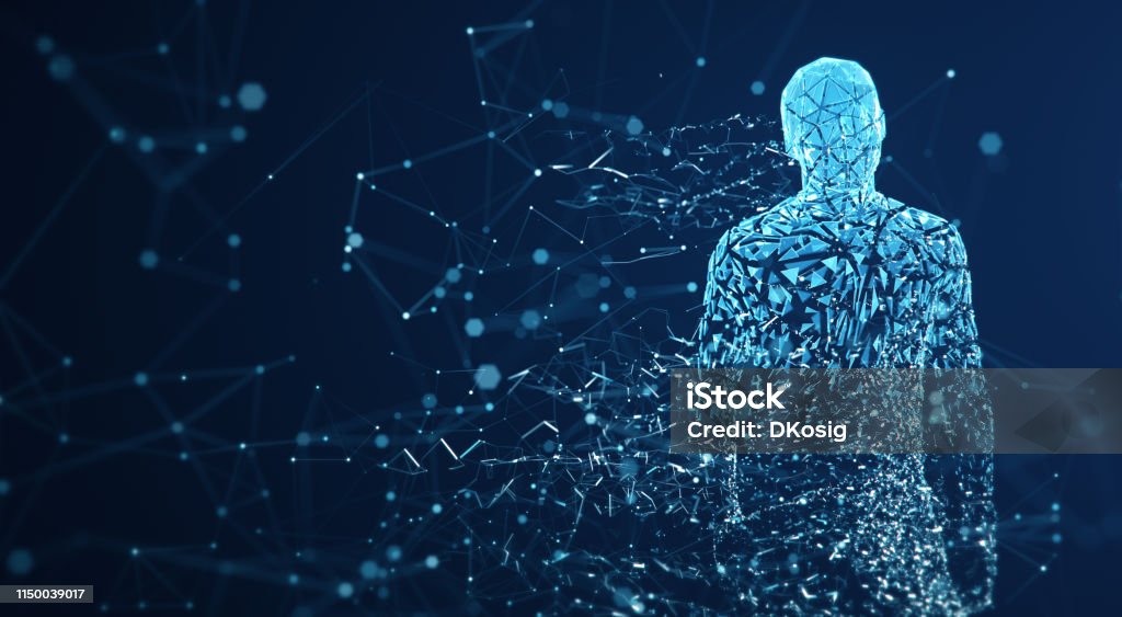 Digital Avatar / Artificial Intelligence (Blue, Copy Space) 3D rendered depiction of a digital avatar, perfectly usable to visualize abstract topics like artificial intelligence, big data or human identity. People Stock Photo