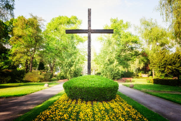 Cross made from daisy flowers on green grass background.