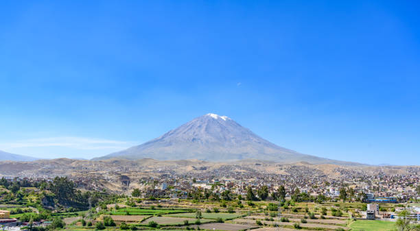 Misti, the symmetrical shaped cone volcano in the backdrop of the city of Arequipa, Peru.