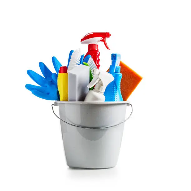 Bucket with cleaning supplies isolated on white background. Single object with clipping path