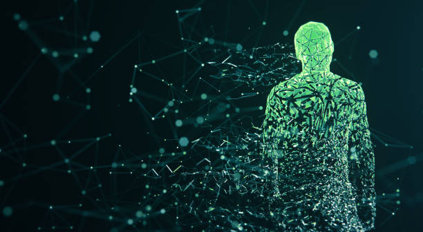 Digital Avatar / Artificial Intelligence (Green, Copy Space) 3D rendered depiction of a digital avatar, perfectly usable to visualize abstract topics like artificial intelligence, big data or human identity. psyche photography stock pictures, royalty-free photos & images