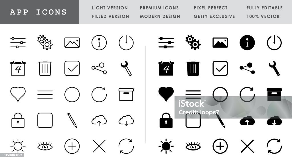 App Icon Set - 50 Pixel Perfect Vector Icons Premium App icon collection. Light and filled style versions. Pixel perfect, modern design, 100% vector and fully editable. Lock stock vector