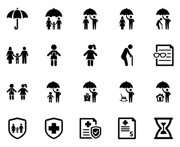 stockillustraties, clipart, cartoons en iconen met levensverzekering icon set (zwarte serie) - zorgverzekering