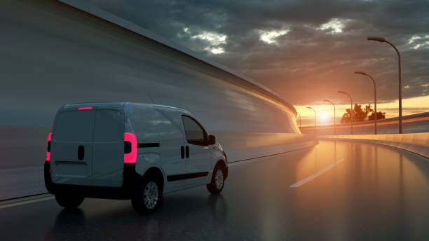istock White delivery van on highway. Transport and logistic concept. 3D Illustration 1150044296