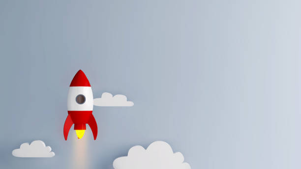 Business startup or project take off concept. Cartoon rocket launching into space. Minimal style. 3d render.