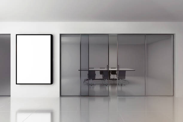istock Empty modern meeting room with poster on the wall. Advertise board for office. Mock up, 3D render. 1150044907