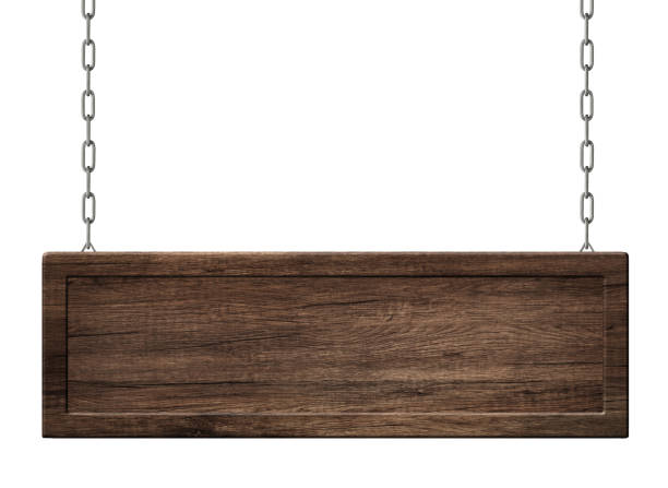Oblong wooden board with frame made of dark wood hanging on chains stock photo