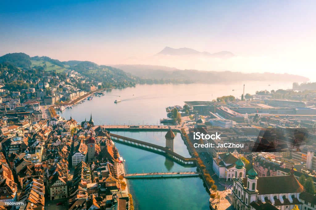 aerial view of Lucerne old town high angle view of Lucerne old town panoramic from drone point in the morning. Switzerland Stock Photo