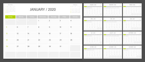 ilustraciones, imágenes clip art, dibujos animados e iconos de stock de calendario planificador 2020 la plantilla de diseño de la semana comienza el domingo. - 2020
