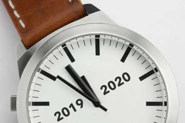 Wrist watch with black text 2019 to 2020 suggesting new year"u2019s eve