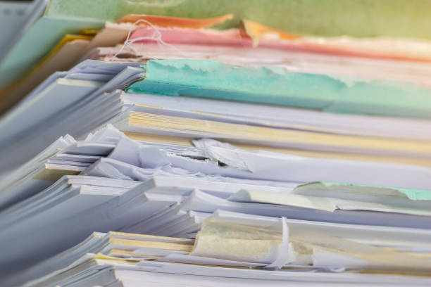istock Piled heap high recycle documents folders, Stack business paper on desk messy or paperwork in office. Old Document achieves in print folder doc forms, use recycling for save 1150049082