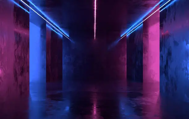 Photo of Futuristic sci-fi concrete room with glowing neon. Virtual reality portal, computer video games, vibrant colors, laser energy source. Blue and pink neon lights