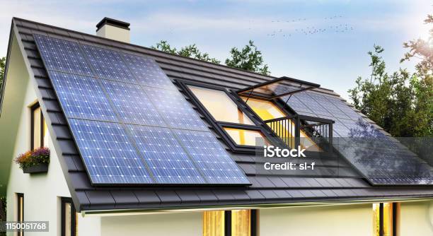 Solar Panels On The Roof Of The Modern House Stock Photo - Download Image Now - Solar Panel, House, Residential Building