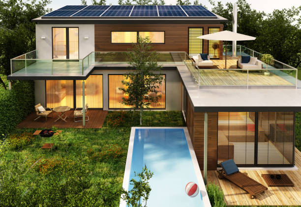 istock Modern house with pool and solar panels 1150051775