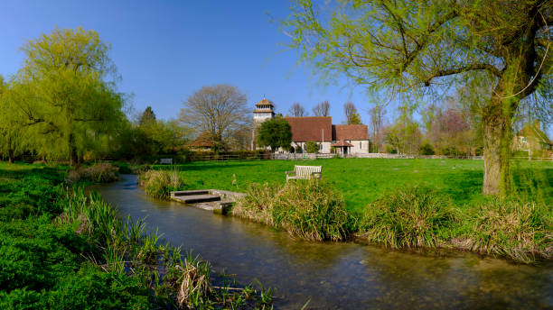 spring sunshine on st andrew's church in meonstoke in the south downs national park, hampshire, uk - grass church flood landscape imagens e fotografias de stock