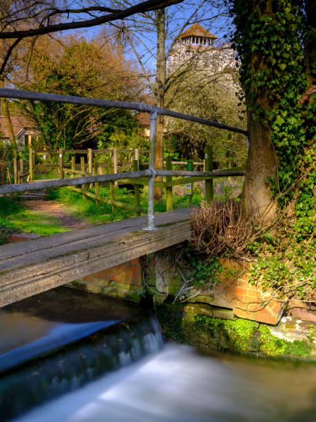 spring sunshine on st andrew's church in meonstoke in the south downs national park, hampshire, uk - grass church flood landscape imagens e fotografias de stock