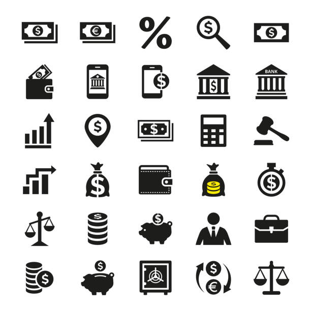 ilustrações de stock, clip art, desenhos animados e ícones de business and finance icons set on white background. - finance stock market data diagram calculator