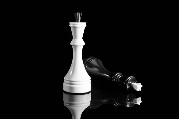 istock White and black chess kings on black reflective background. 1150057101