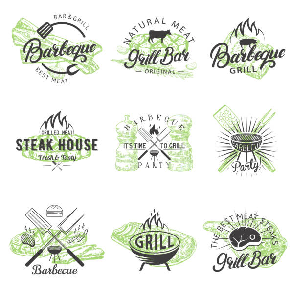 wektorowy zestaw zabytkowych odznak grillowych etykiety logo - pig roasted barbecue grill barbecue stock illustrations