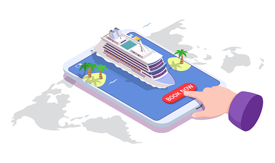 Sea cruise online booking. Vector isometric smartphone with passenger liner, islands with palm trees and human hand pushing book now button. Cruise deals, voyage concept for web banner, website page.