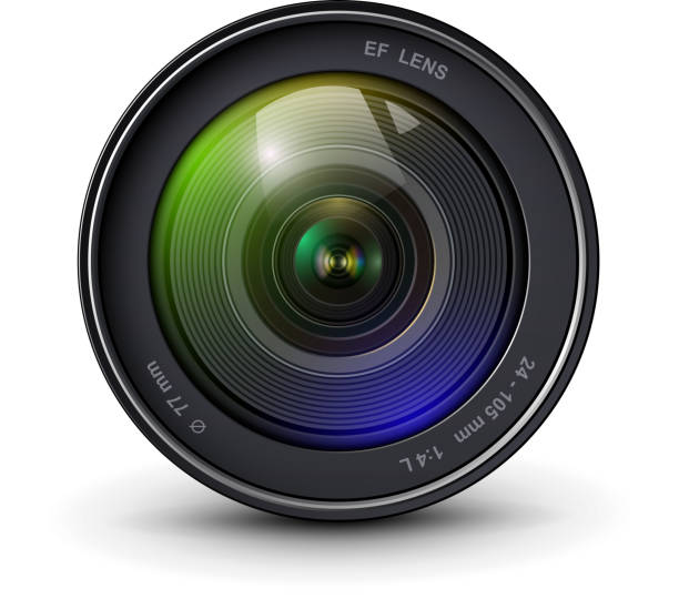 Camera lens 3D icon Camera photo lens 3D realistic icon, vector illustration. telephoto lens stock illustrations