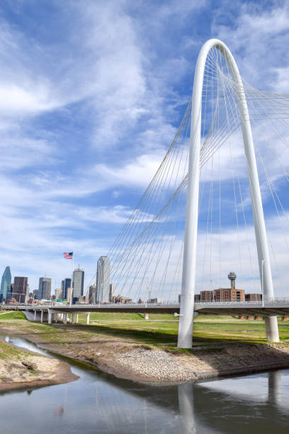 Bridge Above Trinity River and Downtown Dallas American Flag on White Suspension Bridge and Skyline of Downtown Dallas in Background - Dallas, Texas, USA bridge crossing cloud built structure stock pictures, royalty-free photos & images