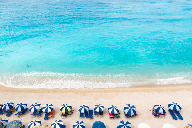 istock Beach umbrellas and blue sea. Beach scene from above. 1150063066