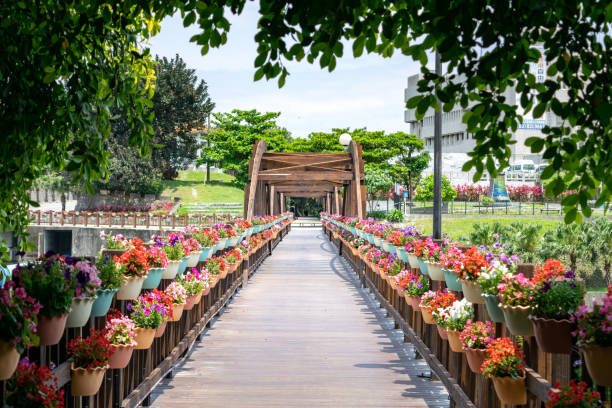 istock Walking Bridge Lined with Flowers in Public Park (Spring) 1150063383
