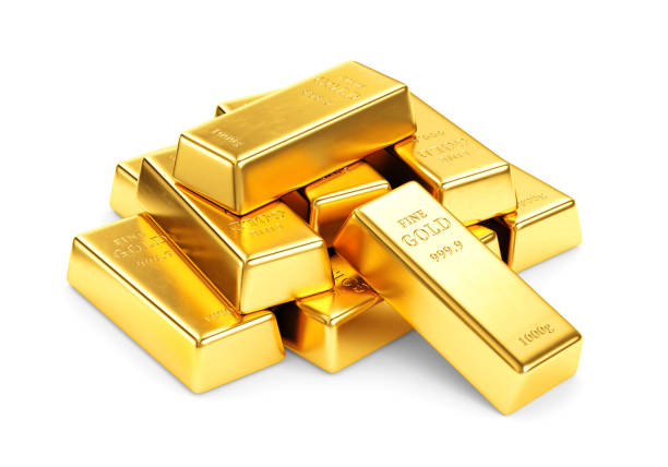 istock Gold bars pile isolated on white background 1150064108