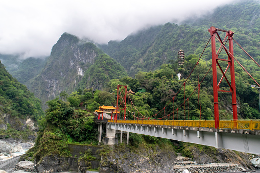 Historic Bridge and Chinese Temple Pagoda in Taroko National Park - Taiwan