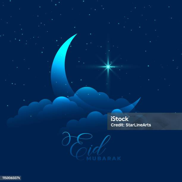 Moon With Cloud And Star Eid Mubarak Background Stock Illustration - Download Image Now - Abstract, Allah, Arab Culture
