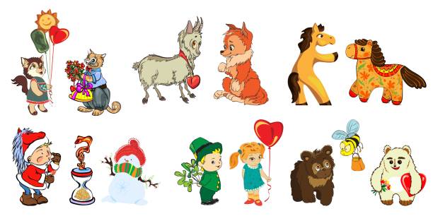 ilustraciones, imágenes clip art, dibujos animados e iconos de stock de fotos divertidas para los niños y el diseño de varios productos para niños, tarjetas, libros. - horse goat child humor
