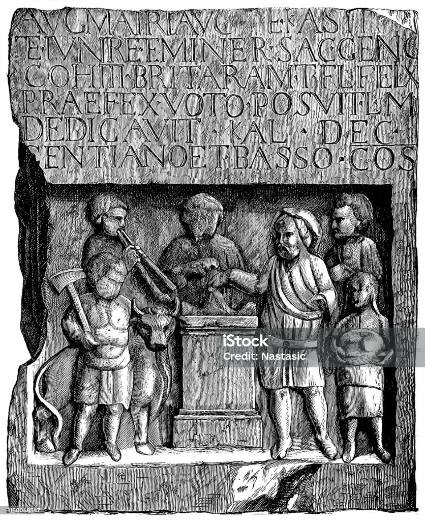 Roman altar depicting a sacrifice scene Illustration of a Roman altar depicting a sacrifice scene Ancient stock illustration